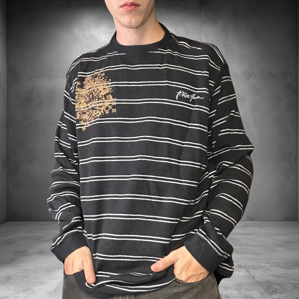 Vintage Phat Farm Y2K Striped Thermal Long Sleeve Shirt Black White XXL